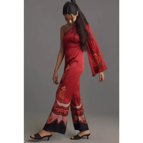 NWD Farm Rio x Anthropologie One-Shoulder Printed Satin Jumpsuit Sz S Red 9D403 - Picture 9 of 16